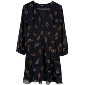 Madewell Black 3/4 Sleeve Dress with Feather Print Size 4